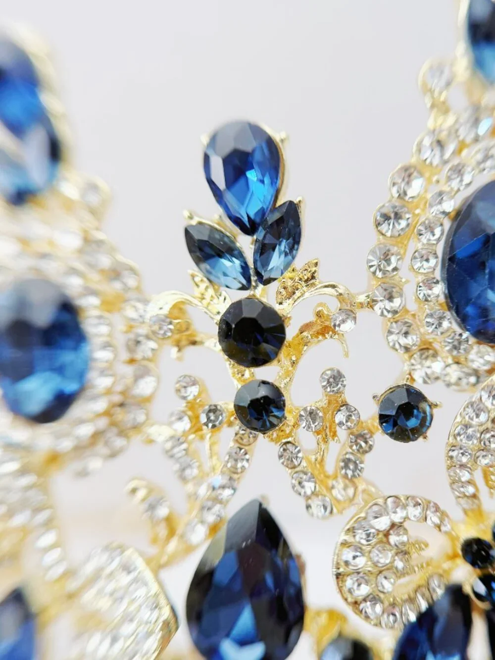 Blue Crystal Flower Tiara Crown Gold Bridal Wedding Pageant Prom Queen Headpiece
